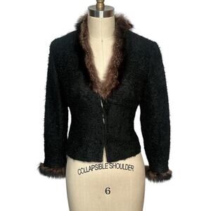 Walter Black Boucle Wool Mohair Blend W. Fur Rabbit Trim Jacket Blazer Size 0